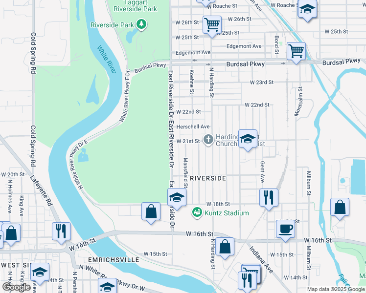map of restaurants, bars, coffee shops, grocery stores, and more near 2034 Mansfield Street in Indianapolis