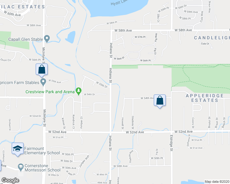 map of restaurants, bars, coffee shops, grocery stores, and more near 5450 Indiana Street in Golden