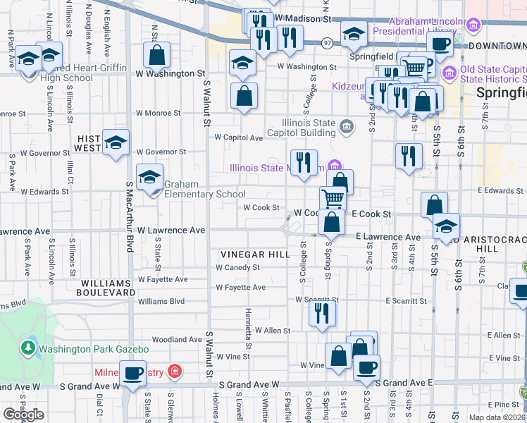 map of restaurants, bars, coffee shops, grocery stores, and more near 426 West Cook Street in Springfield
