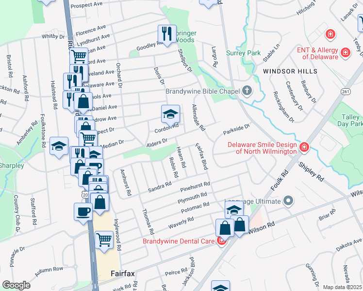 map of restaurants, bars, coffee shops, grocery stores, and more near 164 Fairfax Boulevard in Wilmington