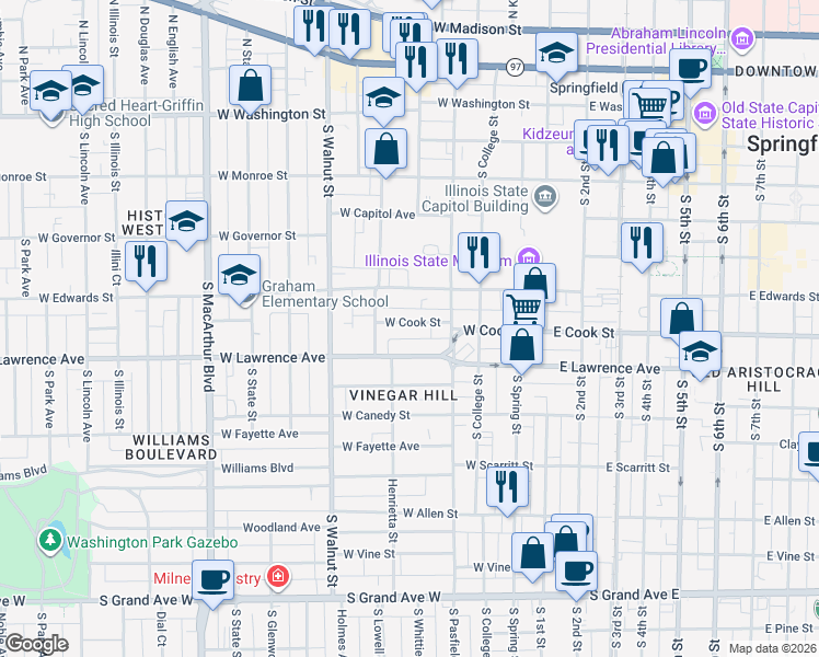 map of restaurants, bars, coffee shops, grocery stores, and more near 440 West Cook Street in Springfield