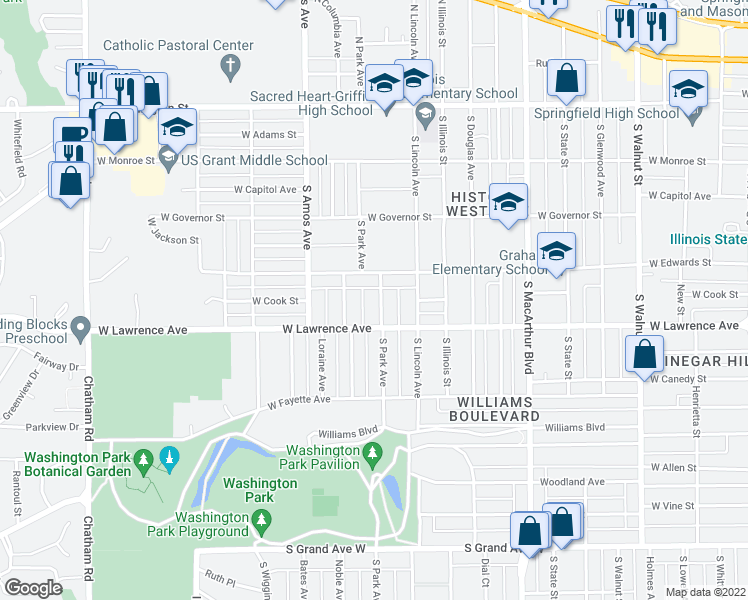 map of restaurants, bars, coffee shops, grocery stores, and more near 627 South Park Avenue in Springfield