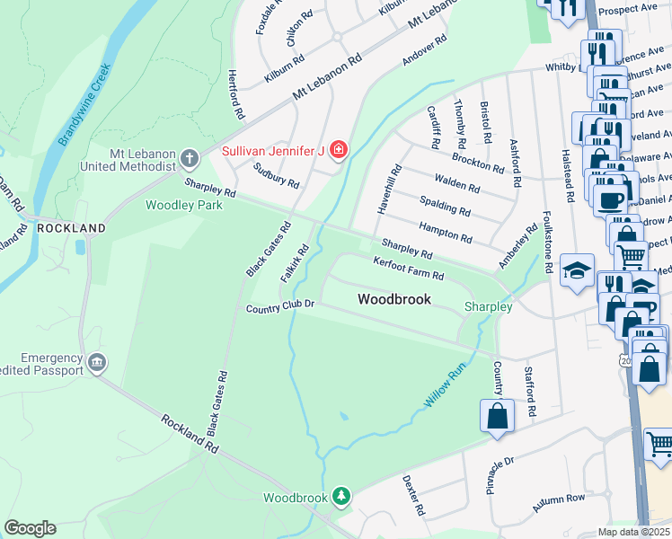 map of restaurants, bars, coffee shops, grocery stores, and more near 542 Kerfoot Farm Road in Wilmington