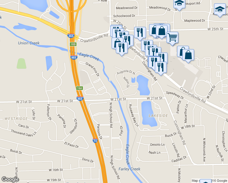 map of restaurants, bars, coffee shops, grocery stores, and more near 6290 West 21st Street in Speedway
