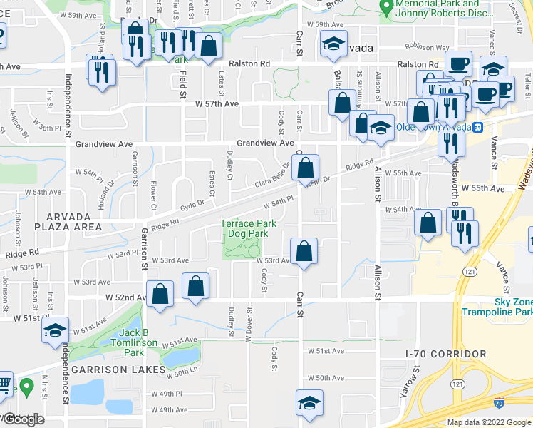 map of restaurants, bars, coffee shops, grocery stores, and more near 5427 Dover Street in Arvada