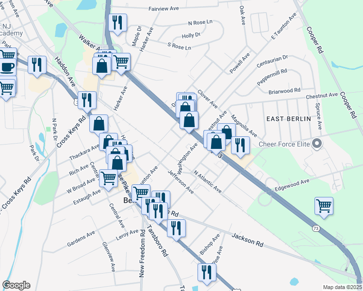 map of restaurants, bars, coffee shops, grocery stores, and more near 64 East Taunton Avenue in Berlin
