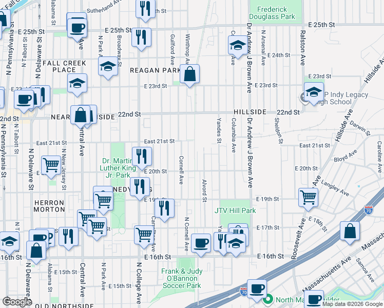 map of restaurants, bars, coffee shops, grocery stores, and more near 2039 Winthrop Avenue in Indianapolis