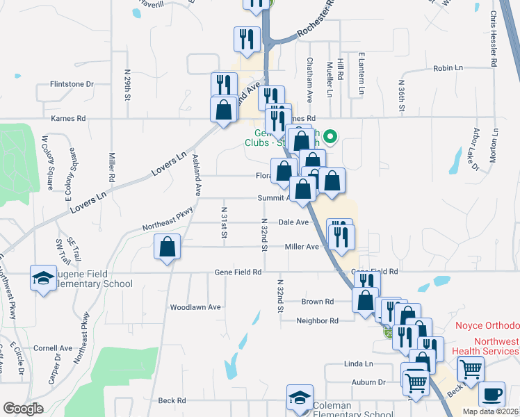 map of restaurants, bars, coffee shops, grocery stores, and more near 2909 North 32nd Street in Saint Joseph