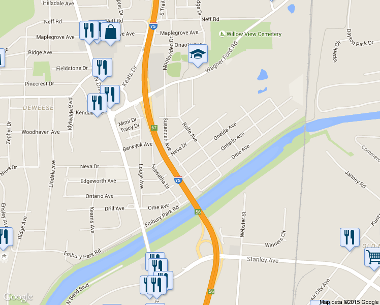 map of restaurants, bars, coffee shops, grocery stores, and more near 2429 Oneida Avenue in Dayton