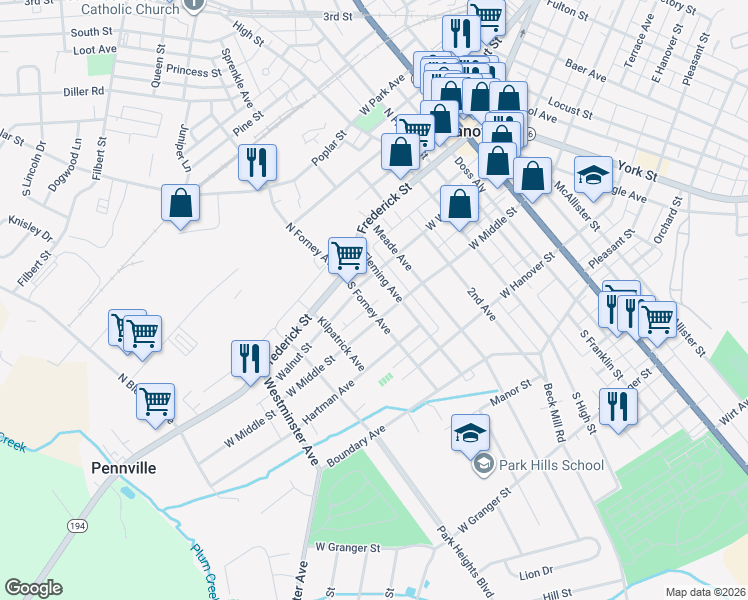 map of restaurants, bars, coffee shops, grocery stores, and more near 120 South Forney Avenue in Hanover