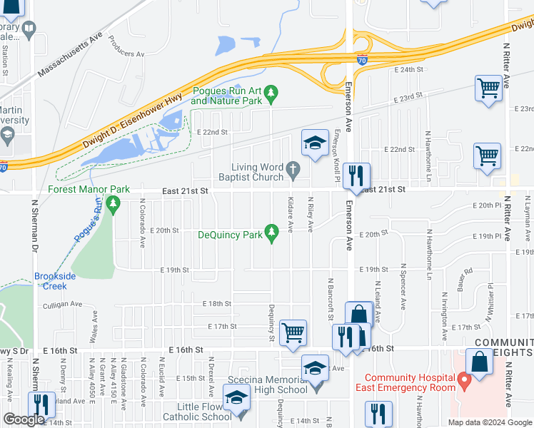 map of restaurants, bars, coffee shops, grocery stores, and more near 2024 Dequincy Street in Indianapolis