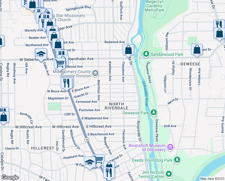 map of restaurants, bars, coffee shops, grocery stores, and more near 305 Knecht Drive in Dayton
