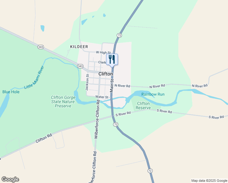 map of restaurants, bars, coffee shops, grocery stores, and more near 130 Ohio 72 in Clifton