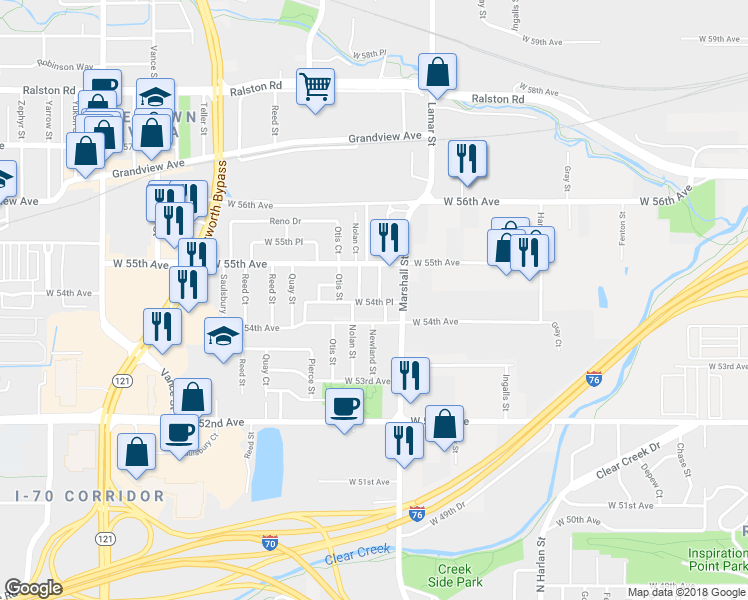 map of restaurants, bars, coffee shops, grocery stores, and more near 5420 Nolan Street in Arvada