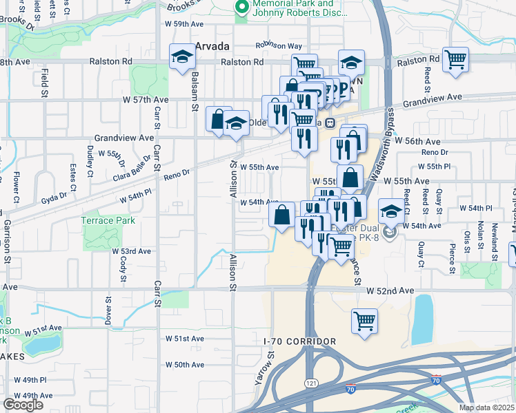 map of restaurants, bars, coffee shops, grocery stores, and more near 7640 West 54th Avenue in Arvada