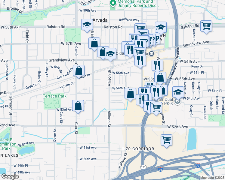 map of restaurants, bars, coffee shops, grocery stores, and more near 7956 West 54th Avenue in Arvada