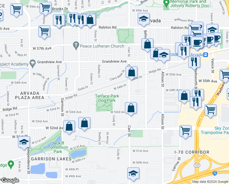 map of restaurants, bars, coffee shops, grocery stores, and more near 5427 Dover Street in Arvada