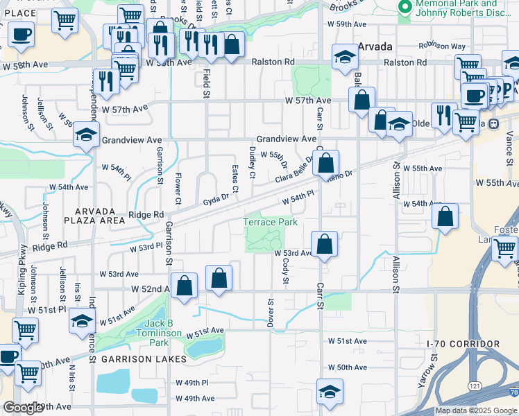 map of restaurants, bars, coffee shops, grocery stores, and more near 8733 West 54th Place in Arvada