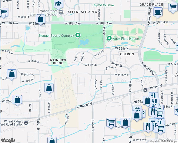 map of restaurants, bars, coffee shops, grocery stores, and more near 11011 West 54th Avenue in Arvada