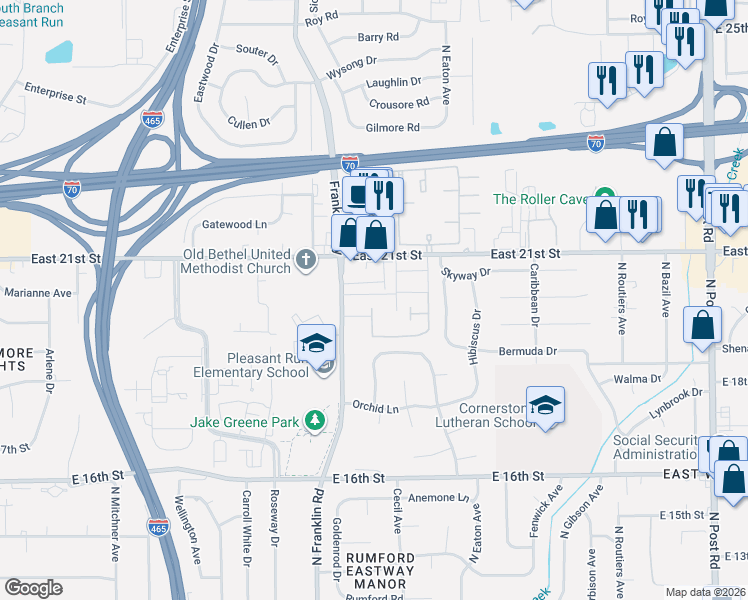map of restaurants, bars, coffee shops, grocery stores, and more near 8029 East 20th Street in Indianapolis