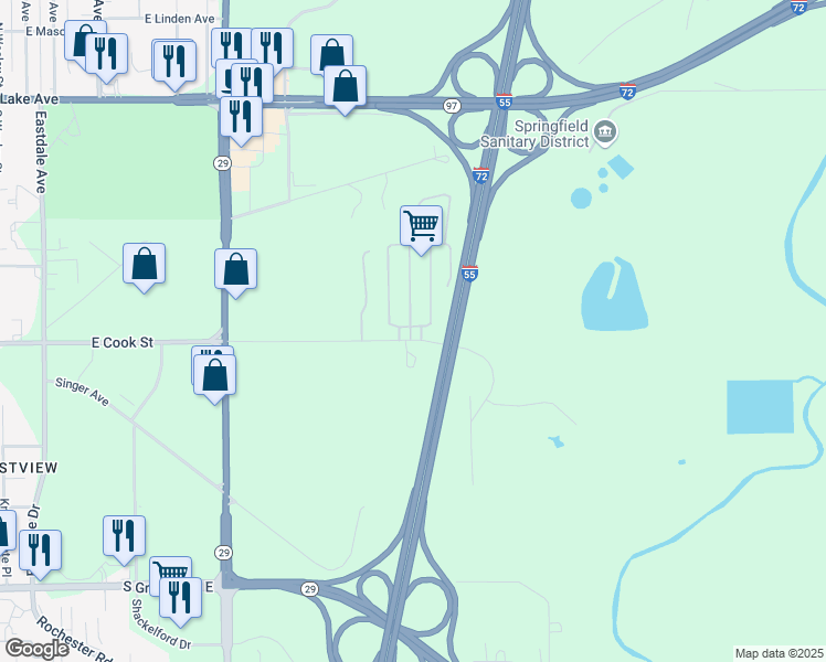 map of restaurants, bars, coffee shops, grocery stores, and more near 3513 East Cook Street in Springfield
