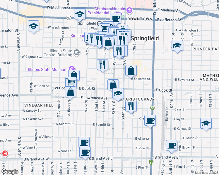 map of restaurants, bars, coffee shops, grocery stores, and more near in Springfield
