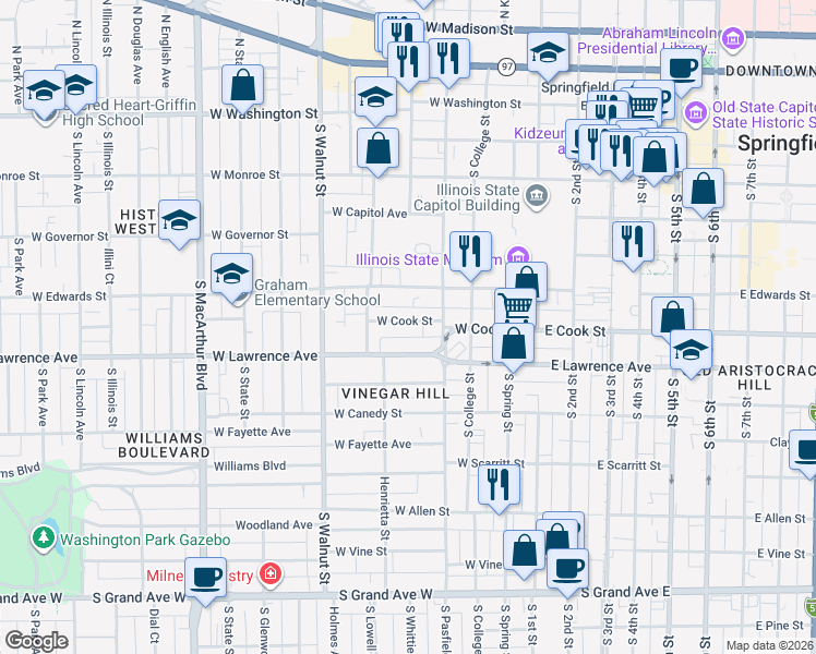 map of restaurants, bars, coffee shops, grocery stores, and more near 426 West Cook Street in Springfield