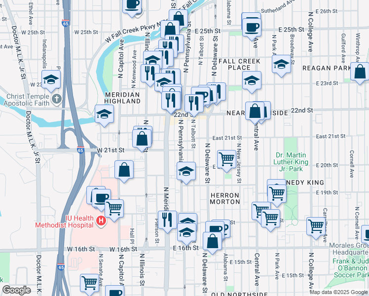 map of restaurants, bars, coffee shops, grocery stores, and more near 115 East 21st Street in Indianapolis