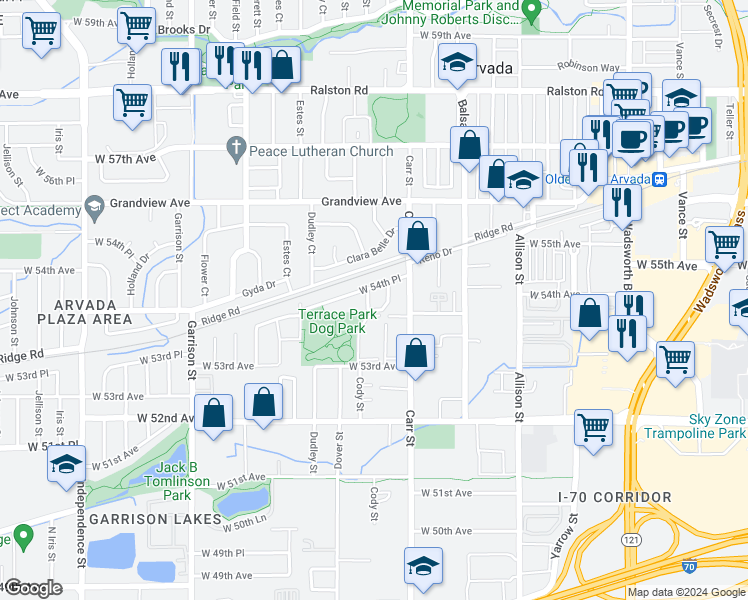 map of restaurants, bars, coffee shops, grocery stores, and more near 5410 Dover Street in Arvada