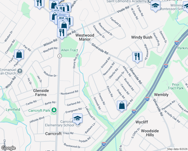 map of restaurants, bars, coffee shops, grocery stores, and more near 1519 Fresno Road in Wilmington