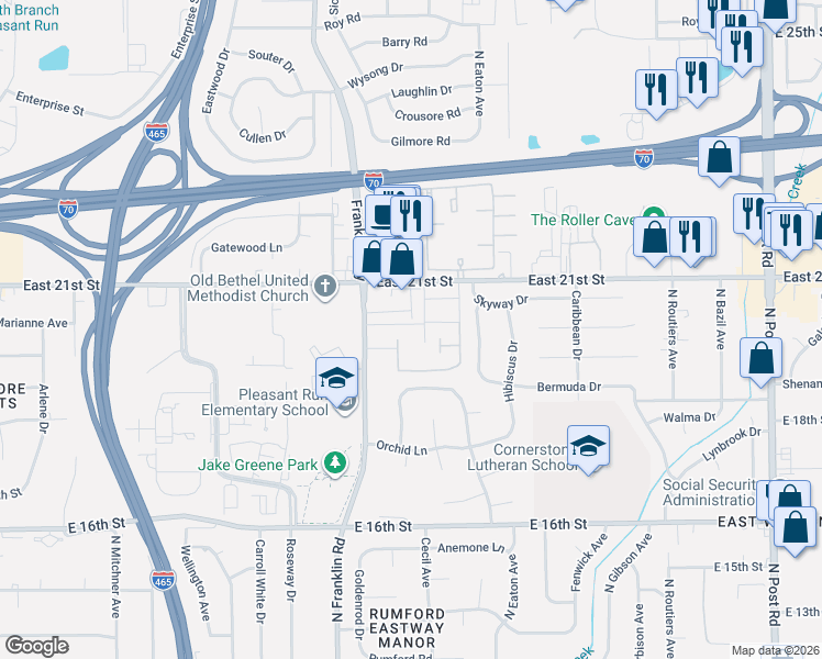 map of restaurants, bars, coffee shops, grocery stores, and more near 8029 East 20th Street in Indianapolis