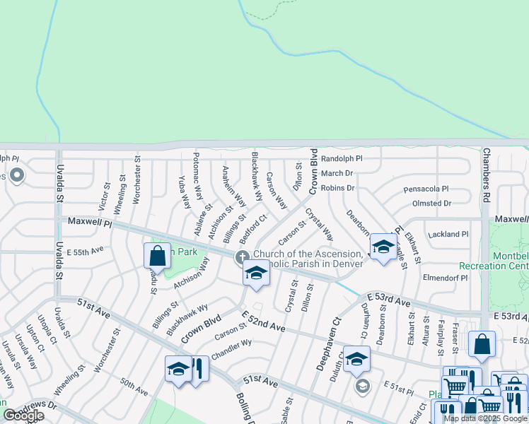 map of restaurants, bars, coffee shops, grocery stores, and more near 5555 Bedford Court in Denver
