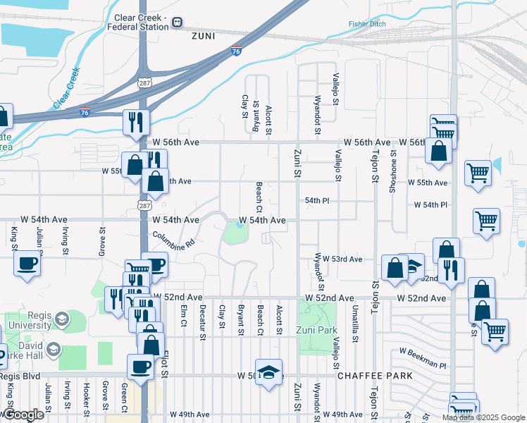 map of restaurants, bars, coffee shops, grocery stores, and more near 5400 Beach Court in Denver