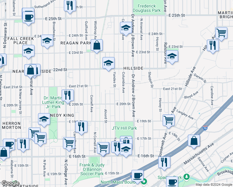 map of restaurants, bars, coffee shops, grocery stores, and more near 2041 Yandes Street in Indianapolis