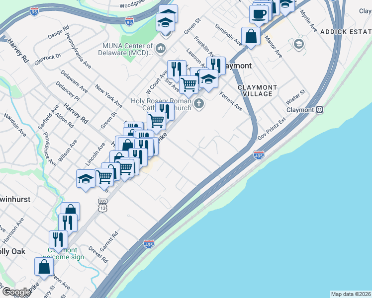 map of restaurants, bars, coffee shops, grocery stores, and more near 21 Princeton Avenue in Claymont