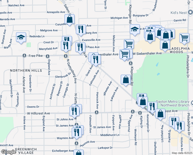 map of restaurants, bars, coffee shops, grocery stores, and more near 2626 Falmouth Avenue in Dayton