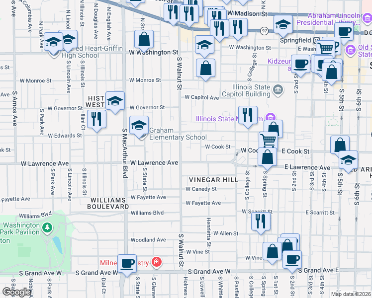 map of restaurants, bars, coffee shops, grocery stores, and more near 703 New Street in Springfield