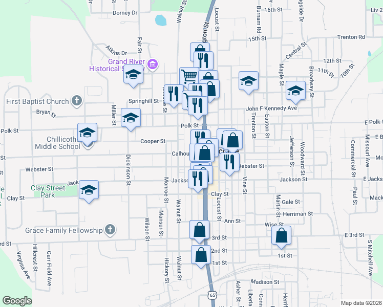 map of restaurants, bars, coffee shops, grocery stores, and more near 900 Calhoun Street in Chillicothe