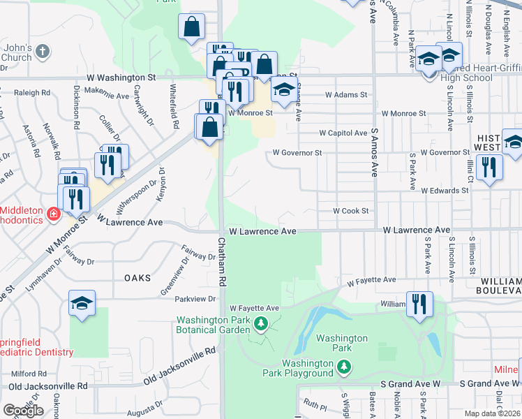 map of restaurants, bars, coffee shops, grocery stores, and more near 708 Lismore Lane in Springfield