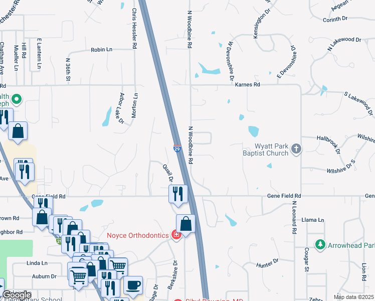 map of restaurants, bars, coffee shops, grocery stores, and more near 3104 North Woodbine Road in Saint Joseph