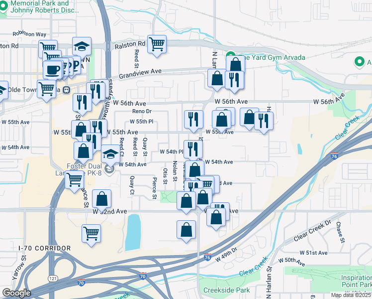 map of restaurants, bars, coffee shops, grocery stores, and more near 5420 Nolan Street in Arvada