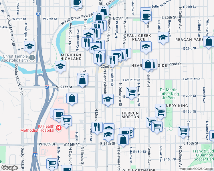 map of restaurants, bars, coffee shops, grocery stores, and more near 115 East 21st Street in Indianapolis