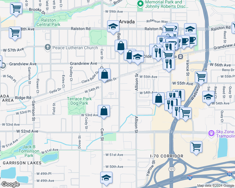 map of restaurants, bars, coffee shops, grocery stores, and more near 8213 Balsam Street in Arvada