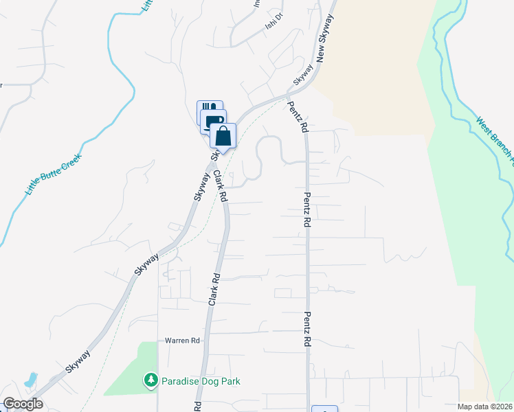 map of restaurants, bars, coffee shops, grocery stores, and more near 1614 Walnut Lane in Paradise