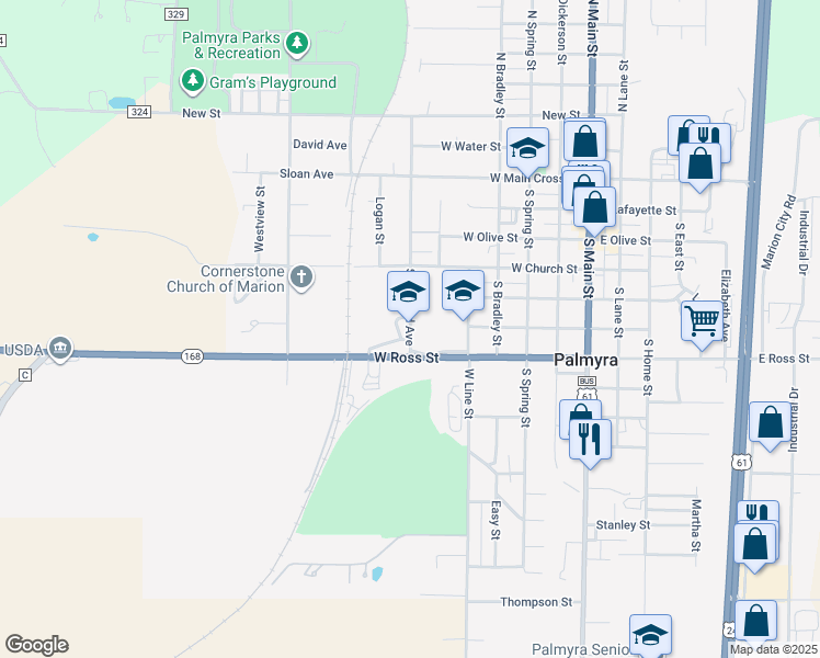 map of restaurants, bars, coffee shops, grocery stores, and more near 605 South Ashland Avenue in Palmyra