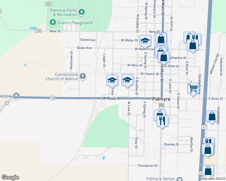 map of restaurants, bars, coffee shops, grocery stores, and more near 605 South Ashland Avenue in Palmyra