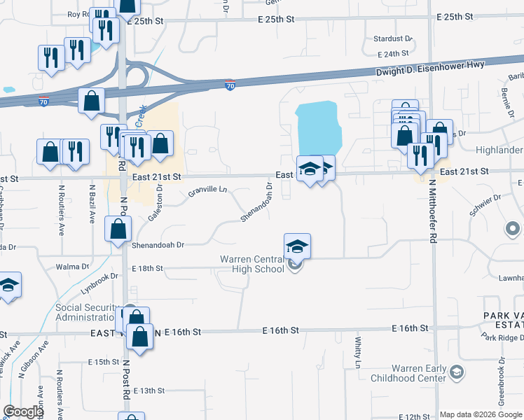 map of restaurants, bars, coffee shops, grocery stores, and more near 9429 Shenandoah Drive in Indianapolis