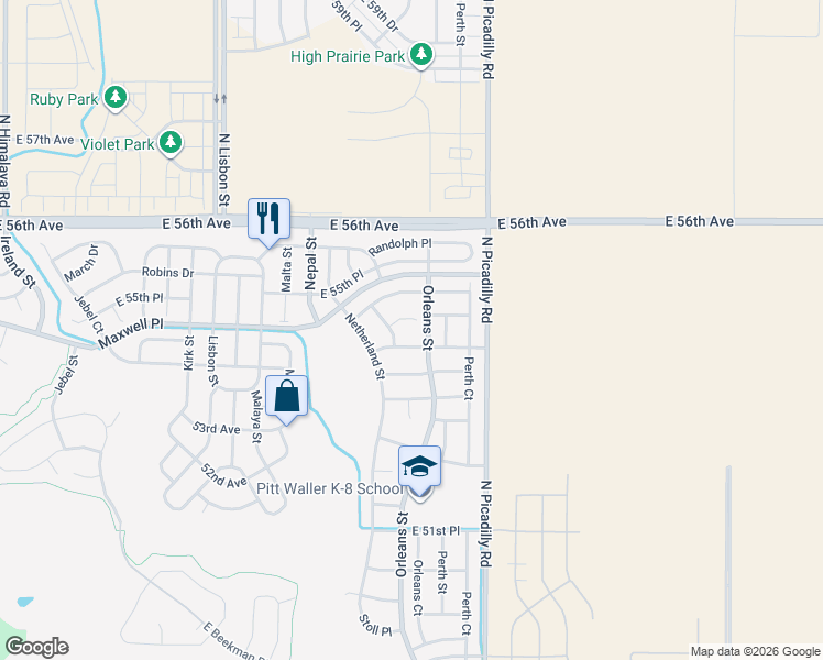 map of restaurants, bars, coffee shops, grocery stores, and more near 21440 East 54th Place in Denver