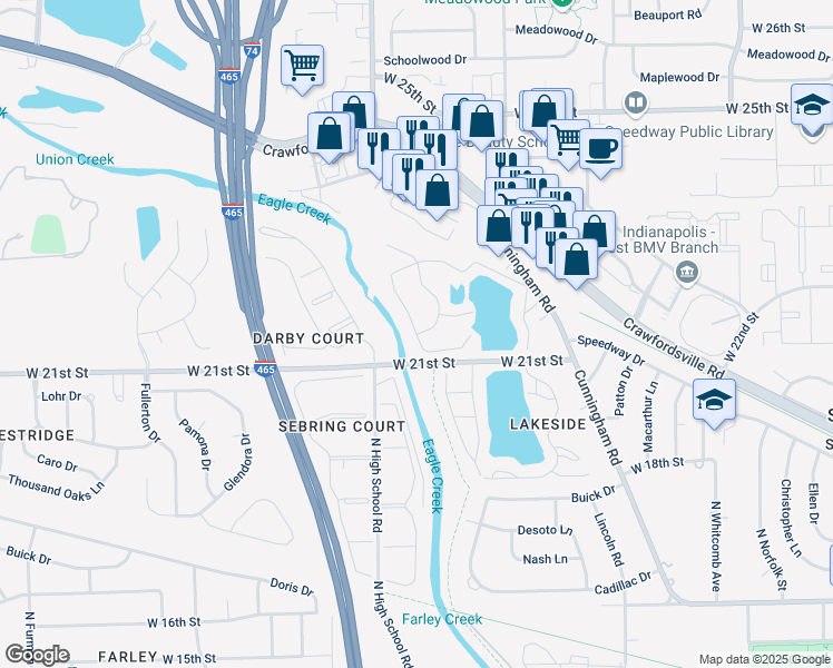map of restaurants, bars, coffee shops, grocery stores, and more near 2100 Eagleview Drive in Speedway
