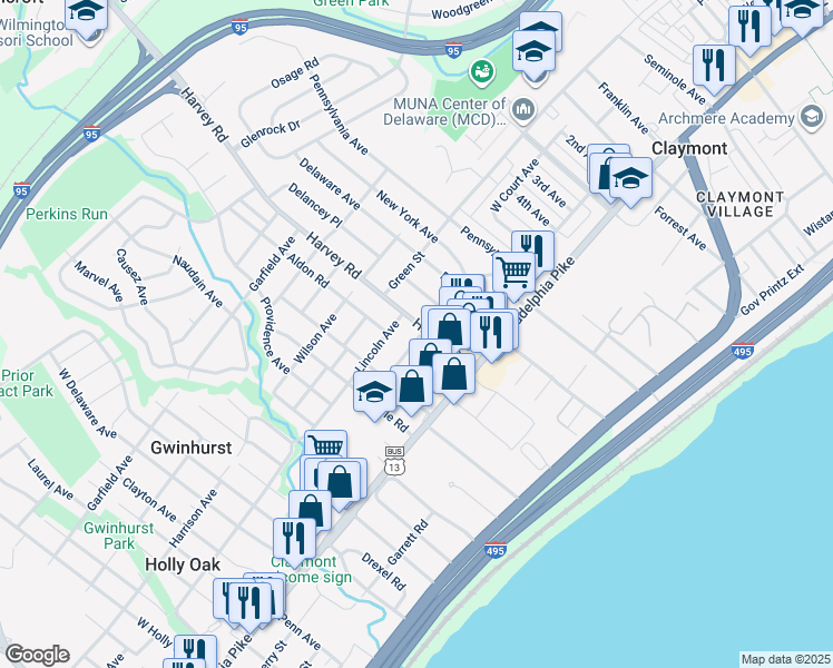 map of restaurants, bars, coffee shops, grocery stores, and more near 200 Harvey Road in Claymont
